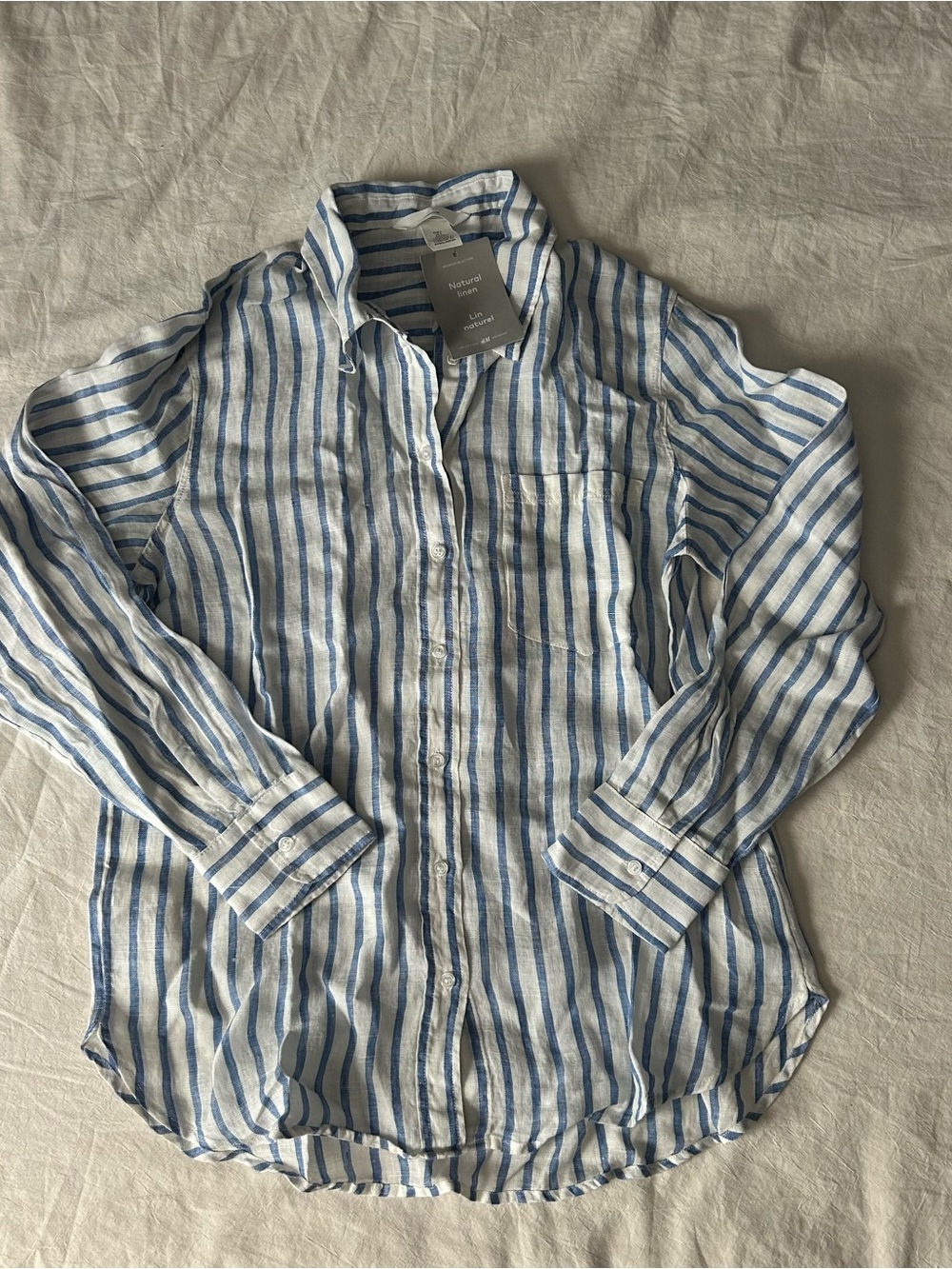 H&M White and Blue 100% Linen Shirt